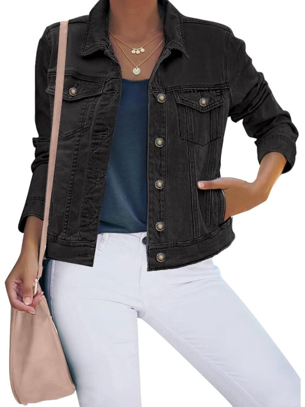 Women's Vintage Black Basic Button Down Stretch Fitted Long Sleeves Jean Jacket